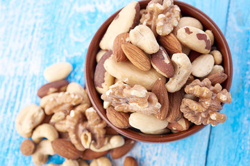 Mix nuts  on wooden  background