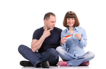 happy woman holding a pregnancy test