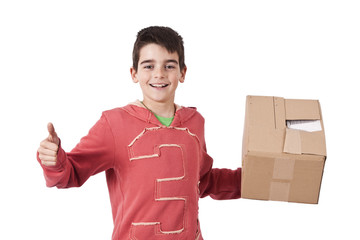 child with carton package isolated on white