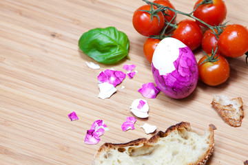 Egg, bread, tomato, wooden board, organic