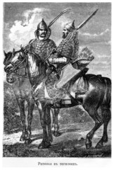 Ратники в тегиляях и железных шапках на лошадях