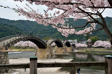 Papier Peint photo autocollant Le pont Kintai Pont de Kintaikyo et paysage de fleurs de cerisier