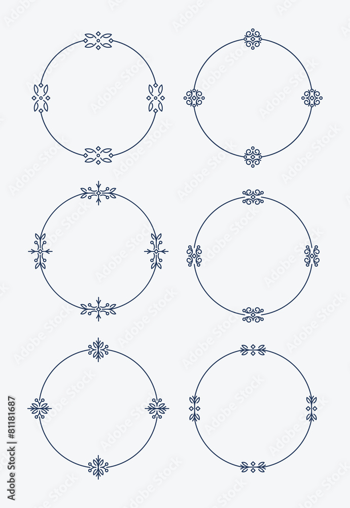 Poster set of 6 thin round decorative frames in monoline style with rou