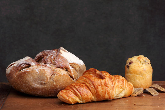 Sour Dough Bread Croissant Muffin On Teak