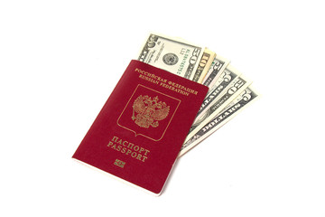 Russian passports and Dollar USA on white background