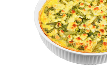 Pie with cheese, asparagus and herbs in baking form