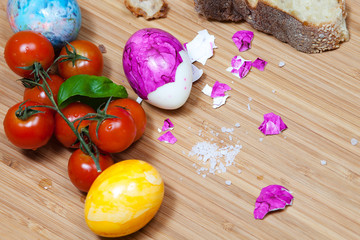 Egg, bread, tomato, wooden board, organic