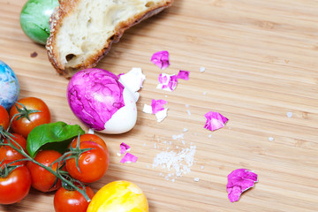 Egg, bread, tomato, wooden board, organic