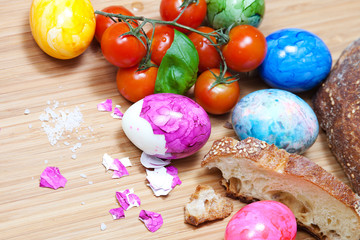 Egg, bread, tomato, wooden board, organic