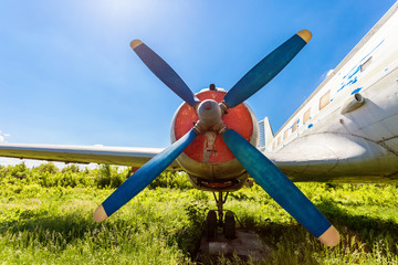 Turbine of old russian turboprop aircraft at the abandoned aerod