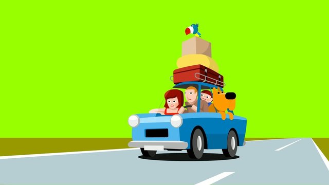 Family in a blue car, cartoon footage, on a green background
