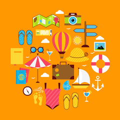 Flat Summer Travel Icon Circle Shaped Set