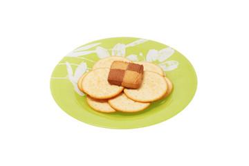 Cookies in the green plate.