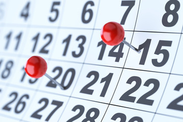 Closeup of the calendar with red pins. Soft focus - obrazy, fototapety, plakaty