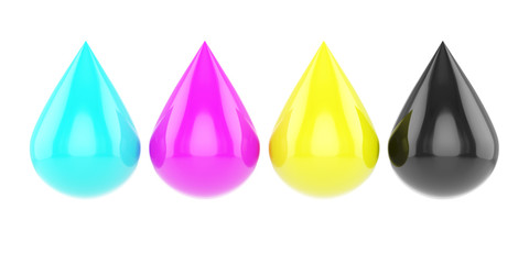 Four glossy cmyk drops isolated on white background