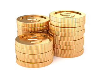 Stacks of golden coins isolated on a white background