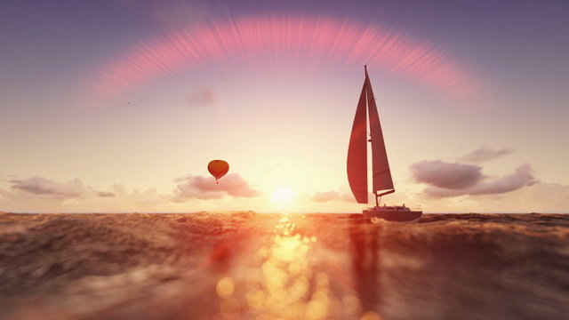Sunrise summer scene, air balloon and yacht sailing