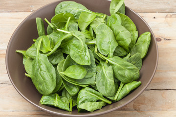spinach leaves in a brown bowl