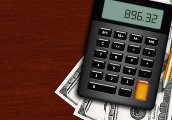 dollars, calculator and pencil lying on wooden desk