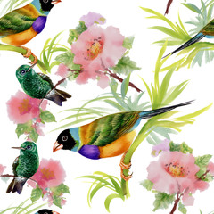 Naklejki  Watercolor seamless pattern with tropical birds and flowers