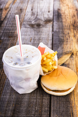 Closeup of fast food,hamburger, drink and french fries