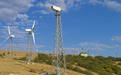 Wind power generators in calm weather. Crimea.