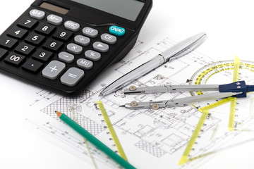 Architectural project, pair of compasses, rulers and calculator