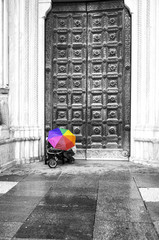 Colorful umbrella. Black and white image
