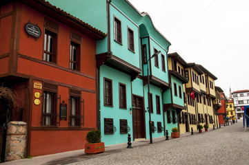 Fototapeta na wymiar Old historical Turkish Houses and street in Eskisehir