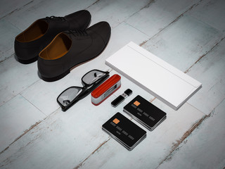 Every day carry man items collection: glasses, knife, shoes .
