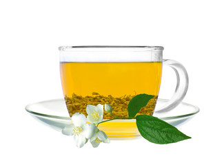 Transparent cup of green tea and jasmine flower isolated on whit