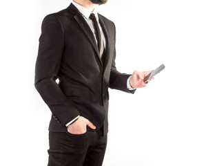 Hipster man in a classic suit isolated on a white background