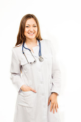 Beautiful young female doctor isolated on white with blue phonen
