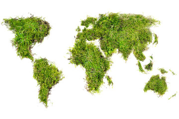 world map placed of natural turf with moss, isolated on white