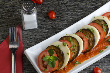 Grilled aubergine,tomato and mozzarella