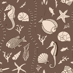 Seamless pattern with hand drawn fishes