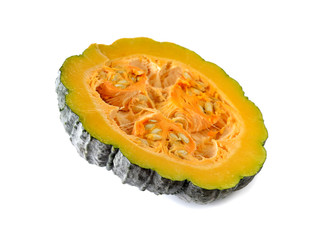 half cut fresh pumpkin with seeds on white background