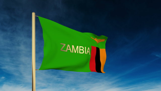 Zambia flag slider style with title. Waving in the wind with