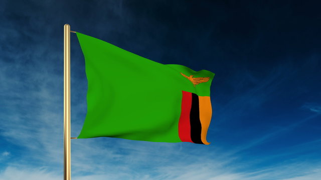 Zambia flag slider style. Waving in the wind with cloud