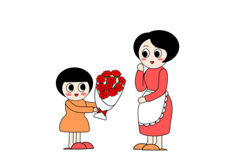 母の日のイラスト: お母さんに花束を贈る子供