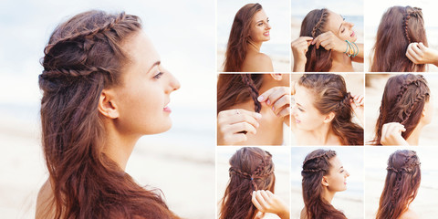 greek style beach hairdo tutorial by beauty blogger - obrazy, fototapety, plakaty