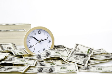Photo of money and time on the left bottom of the frame