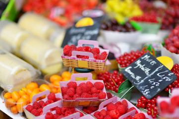 Fresh bio raspberries on a market