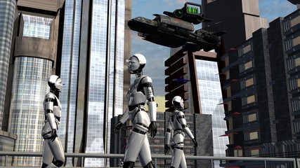 Obraz premium I-Robots Human Robots in front of a futuristic City