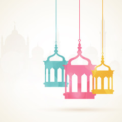 Colorful hanging Arabic lamps for Ramadan Kareem celebration.