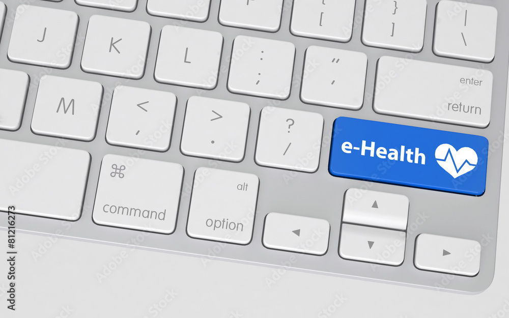Poster blue e-health button on white computer keyboard