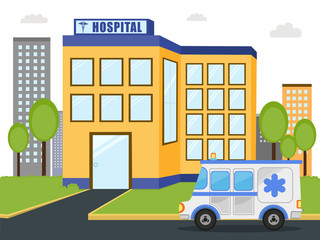 View of a city hospital building with ambulance.