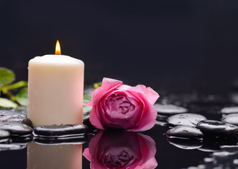 Lying down rose with petals and candle with therapy stones