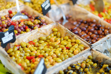 Various olives on a market