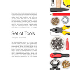 set of tools on white background top view